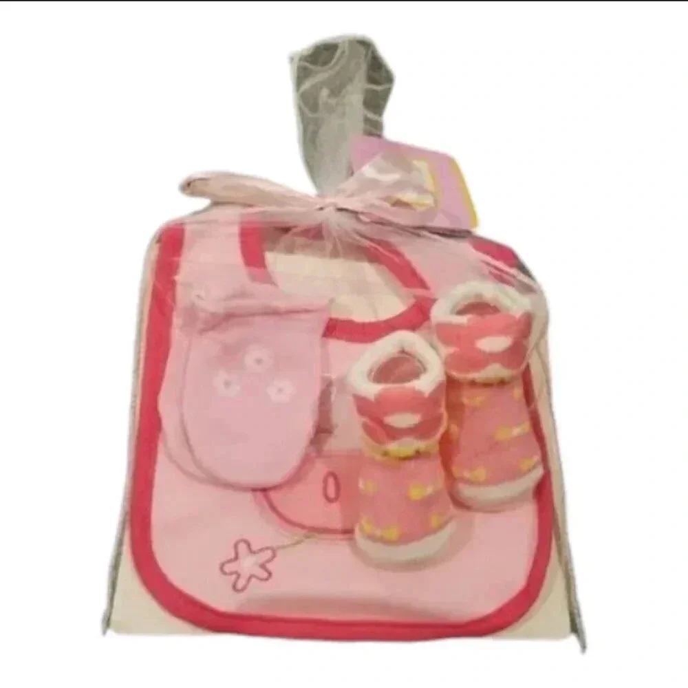Baby Girl Gift Set Happy Cow Bib, Mittens, and Sock Gift Set with Organza Bag